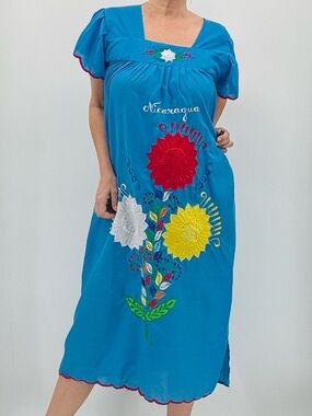 Vintage 70s Nicaragua Embroidered Handmade Flutter Sleeve Muumuu House Dress